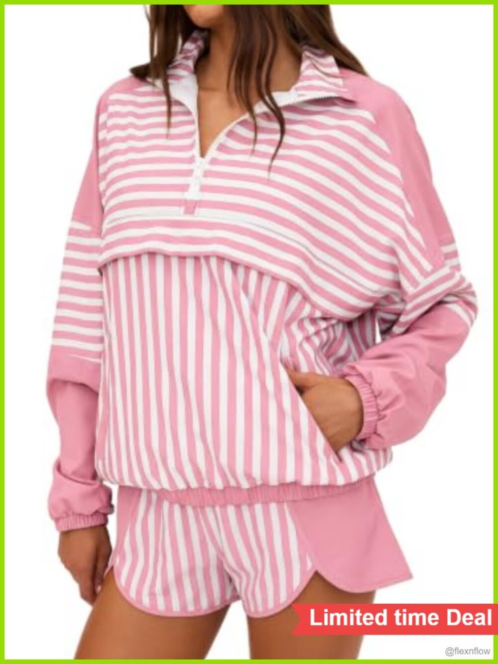Fisoew Striped 2 Piece Workout Set Long Sleeve Zip Top Shorts